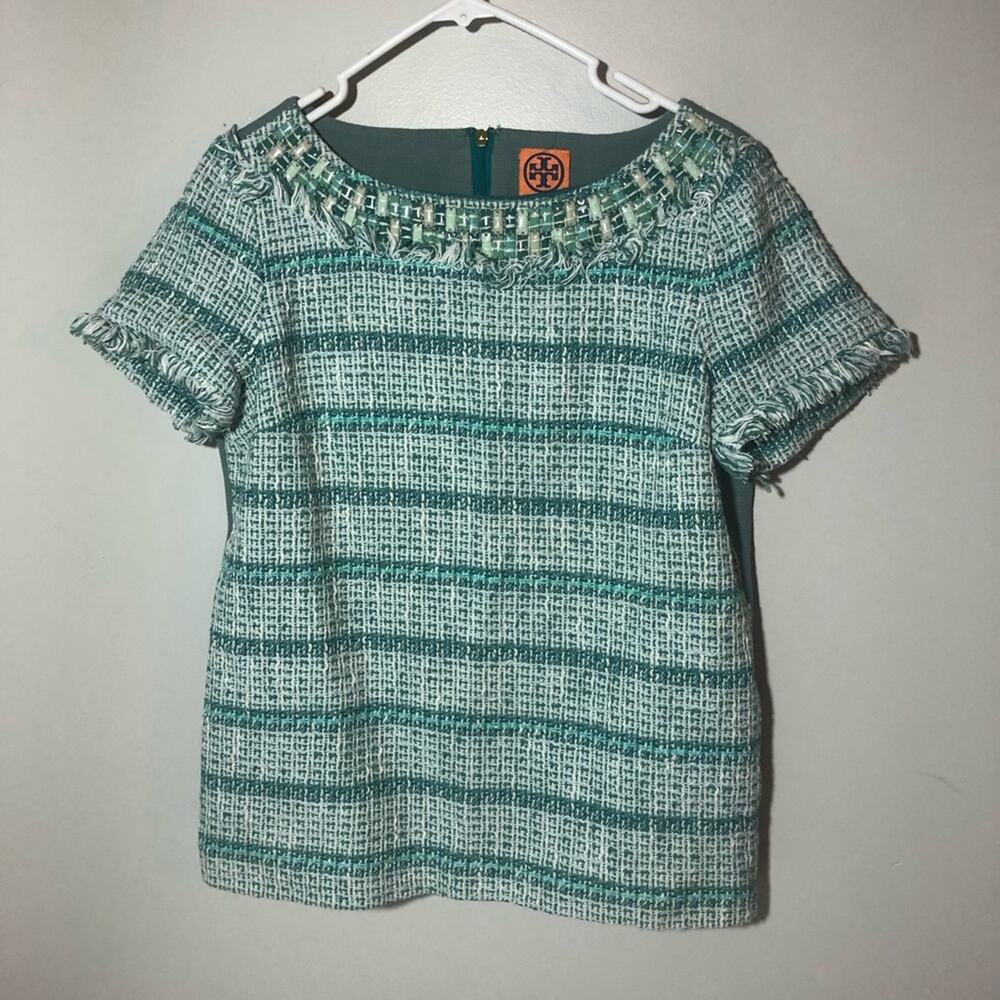 Tory Burch Joan tweed fringe embellished top sea green and blue womens 12